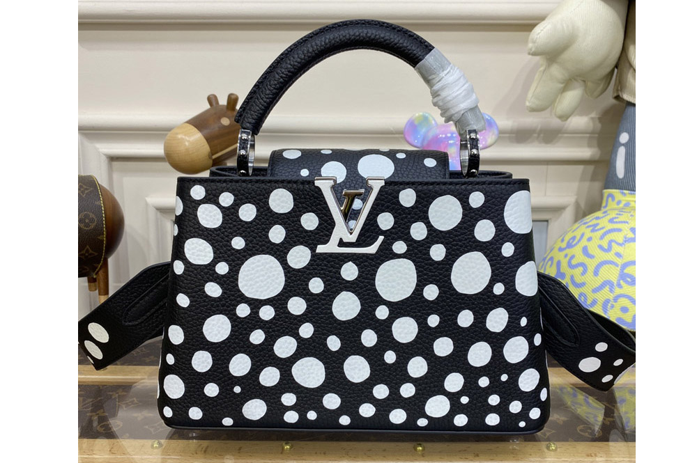 Louis Vuitton M21691 LVxYK Capucines BB Bag in Black and white Taurillon bull calf leather with Infinity Dots print