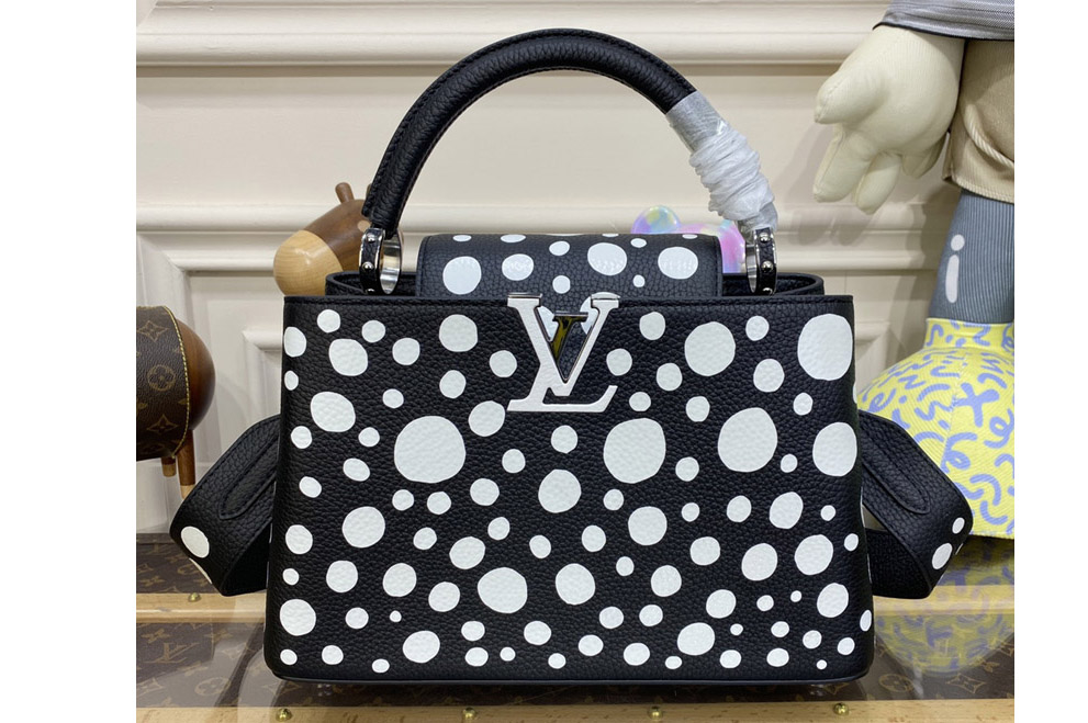 Louis Vuitton M21691 LVxYK Capucines MM Bag in Black and white Taurillon bull calf leather with Infinity Dots print