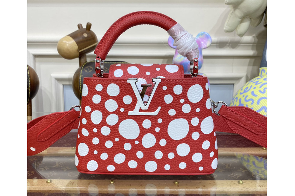 Louis Vuitton M21692 LVxYK Capucines Mini Bag in Red and white Taurillon bull calf leather with Infinity Dots print