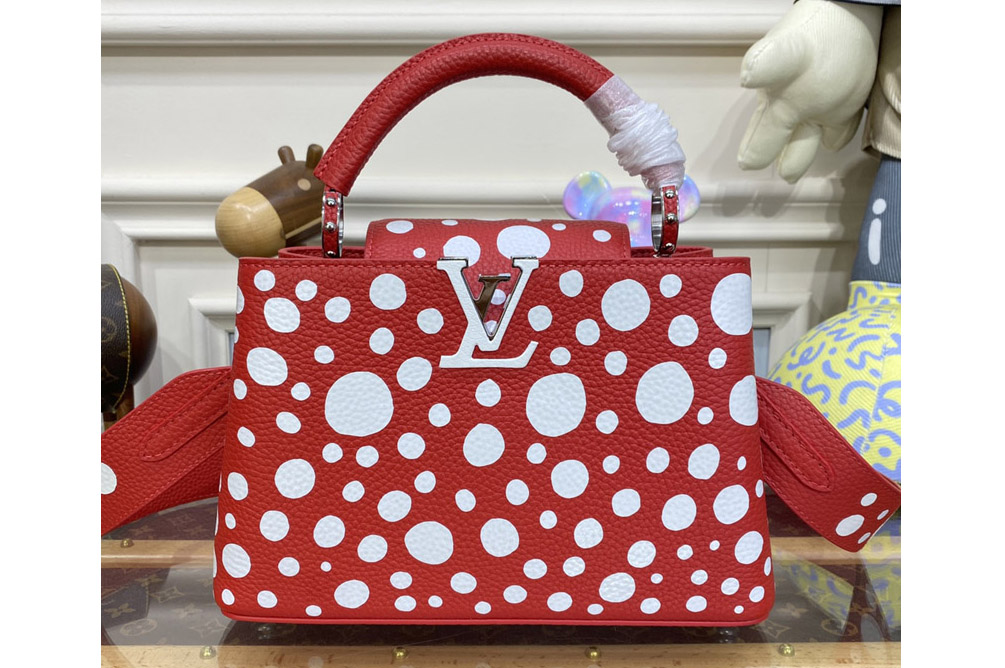 Louis Vuitton M21692 LVxYK Capucines BB Bag in Red and white Taurillon bull calf leather with Infinity Dots print