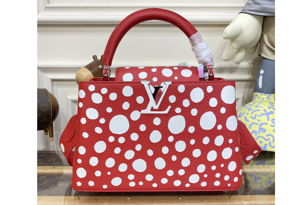 Louis Vuitton M21692 LVxYK Capucines MM Bag in Red and white Taurillon bull calf leather with Infinity Dots print