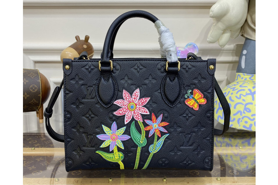 Louis Vuitton M21732 LVxYK OnTheGo PM bag in Black Embossed grained Monogram Empreinte cowhide leather with Flower marquetry