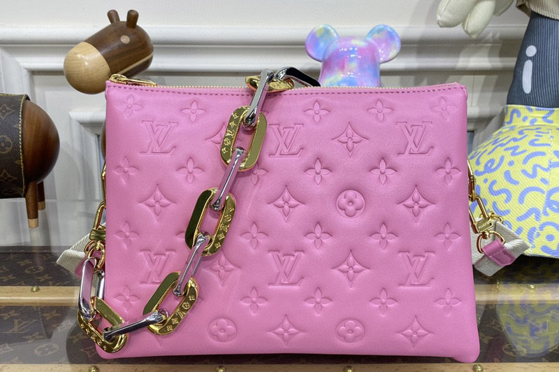 Louis Vuitton M22395 LV Coussin PM handbag in Rose Bonbon Pink puffy Lambskin