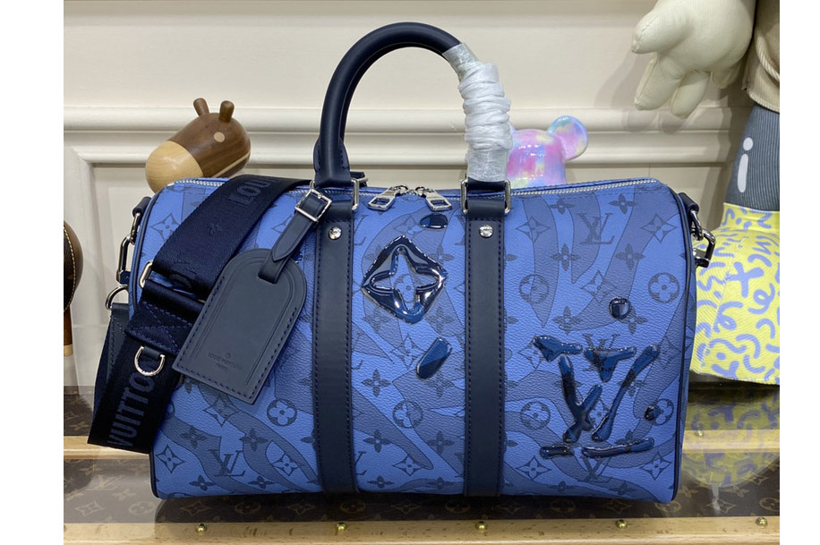Louis Vuitton M22573 LV Keepall Bandoulière 35 Bag in Abyss Blue Monogram Aquagarden coated canvas