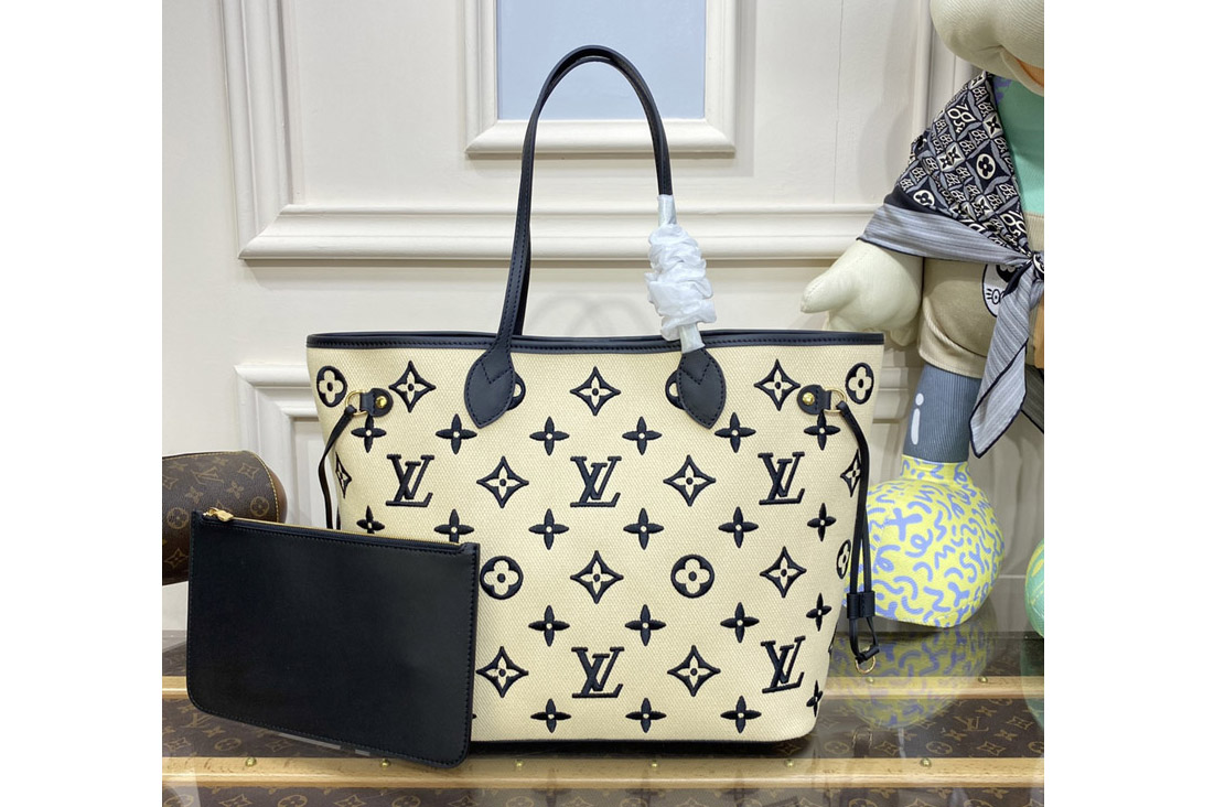 Louis Vuitton M22838 LV Neverfull MM tote bag in Black and Beige Lotus cotton