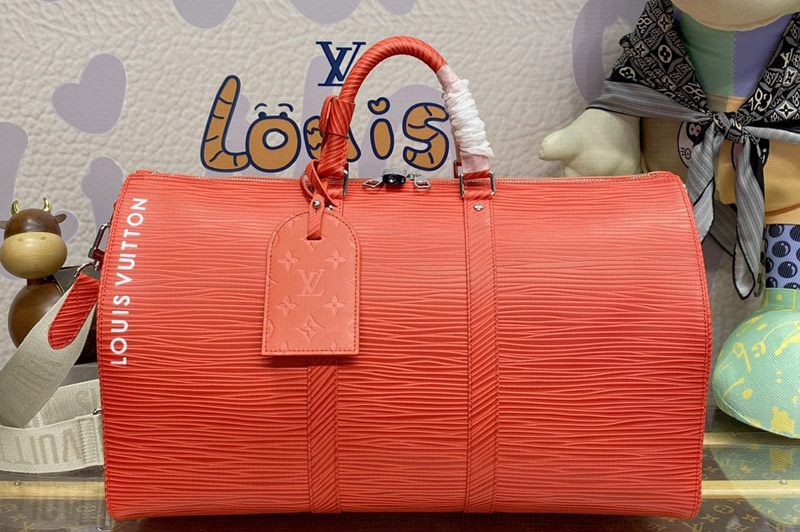 Louis Vuitton M23721 LV Keepall Bandouliere 50 bag in Vermillion Red Epi XL grained leather