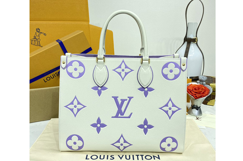 Louis Vuitton M23937 LV OnTheGo MM small tote Bag in Latte/Bubble Tea Purple Monogram Empreinte leather