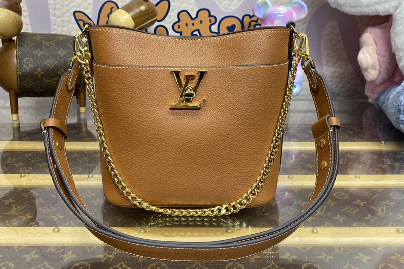 Louis Vuitton M24165 LV Lock and Walk bucket bag in Cognac Brown Grained calf leather