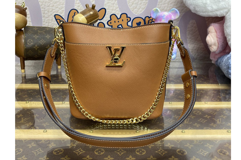 Louis Vuitton M24165 LV Lock and Walk bucket bag in Cognac Brown Grained calf leather