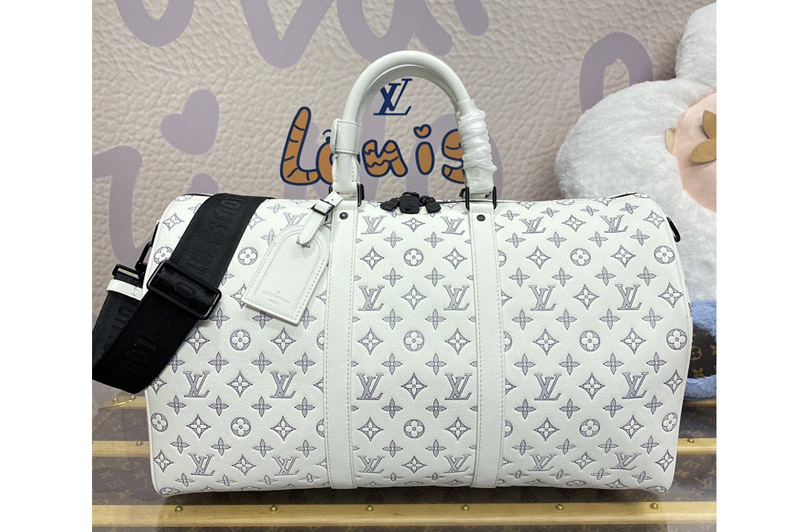 Louis Vuitton M24954 LV Keepall Bandoulière 50 travel bag in White/Navy Blue Monogram Shadow leather