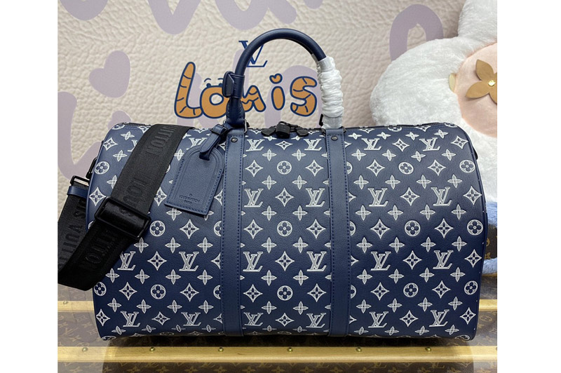 Louis Vuitton M24953 LV Keepall Bandoulière 50 travel bag in Ink Blue/White Monogram Shadow leather