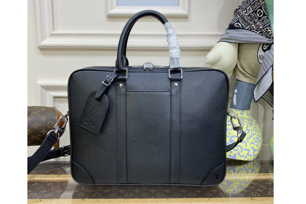 Louis Vuitton M30925 LV Porte-Documents Voyage PM Bag in Black Taiga Noir cowhide leather