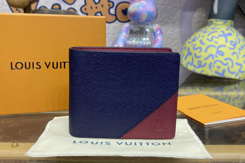 Louis Vuitton M30982 LV Multiple Wallet in Midnight Blue/Maple Red Taiga cowhide leather