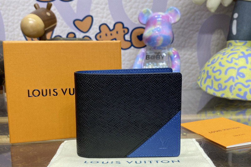 Louis Vuitton M30982 LV Multiple Wallet in Black/Blue Taiga cowhide leather