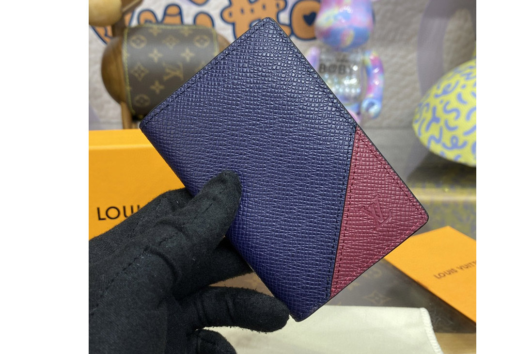 Louis Vuitton M30985 LV Pocket Organizer Wallet in Midnight Blue/Maple Red Taiga cowhide leather