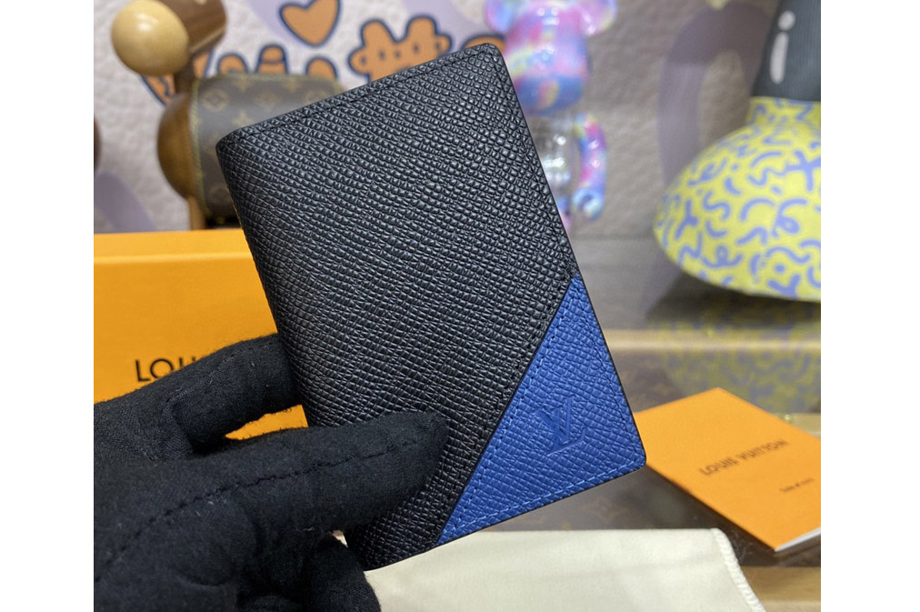 Louis Vuitton M30985 LV Pocket Organizer Wallet in Black/Blue Taiga cowhide leather