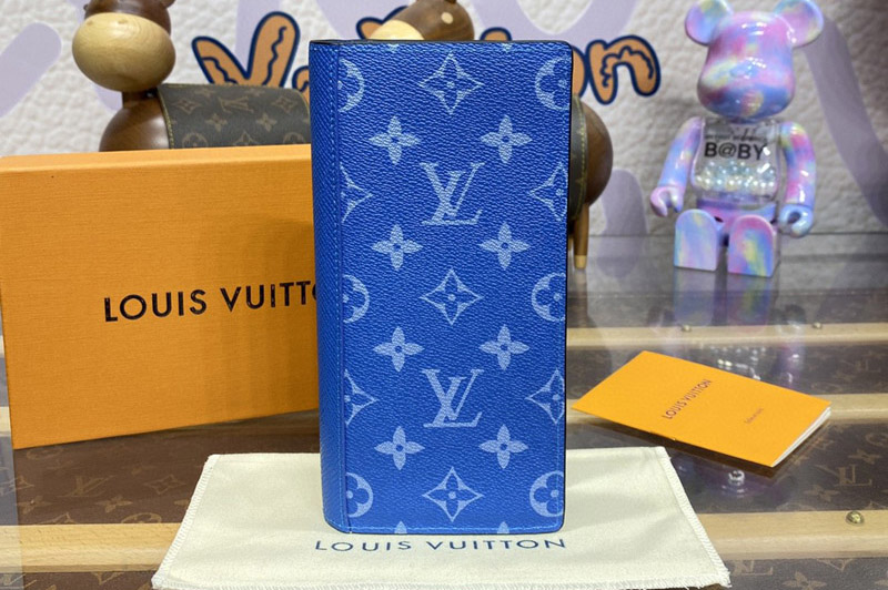 Louis Vuitton M30994 LV Brazza Wallet in Blue Taiga cowhide leather and Monogram coated canvas