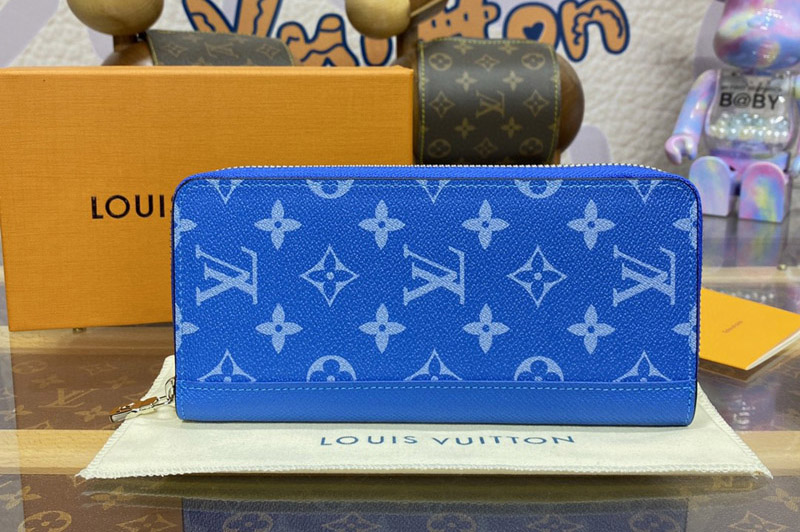 Louis Vuitton M30994 LV Zippy Wallet in Blue Taiga cowhide leather and Monogram coated canvas