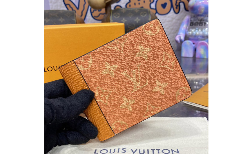 Louis Vuitton M30995 LV Multiple wallet in Orange Taiga cowhide leather and Monogram coated canvas