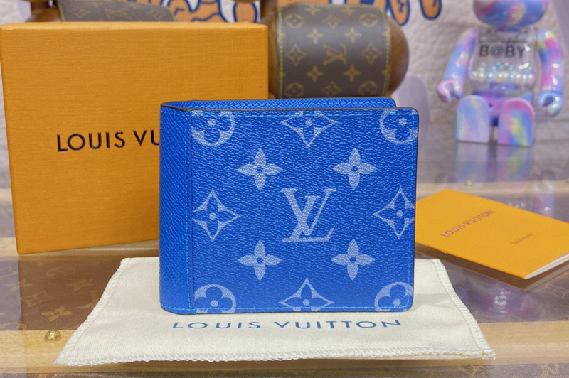 Louis Vuitton M30995 LV Multiple wallet in Blue Taiga cowhide leather and Monogram coated canvas