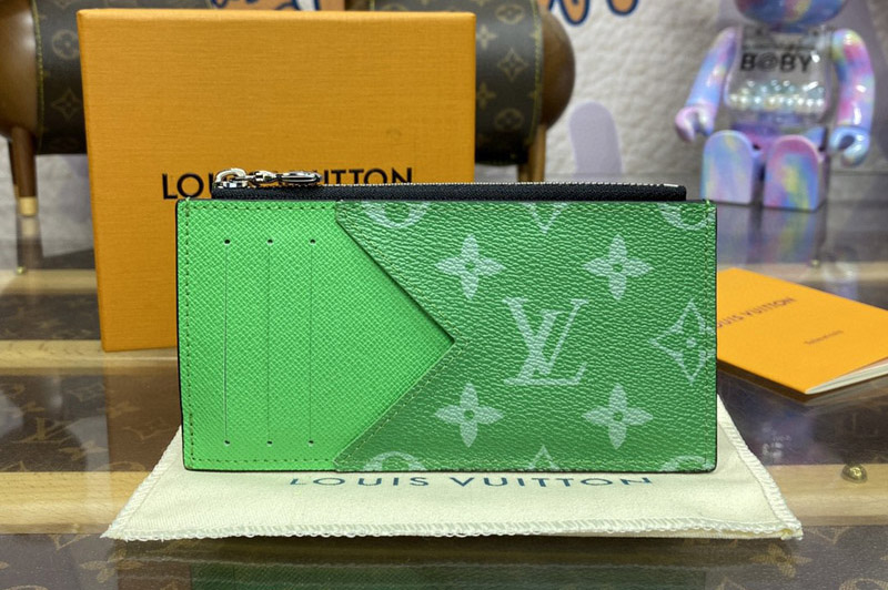 Louis Vuitton M30999 LV Coin Card Holder in Green Taiga cowhide leather and Monogram coated canvas
