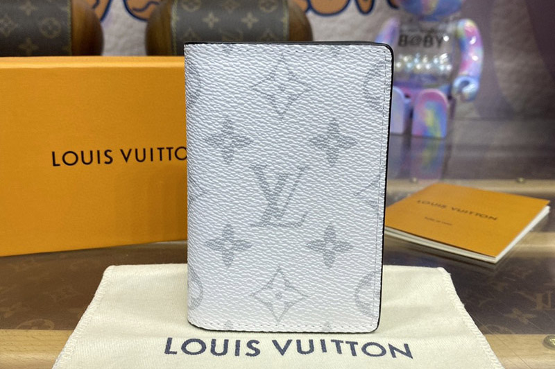 Louis Vuitton M31041 LV Pocket Organizer wallet in White Taiga cowhide leather and Monogram coated canvas