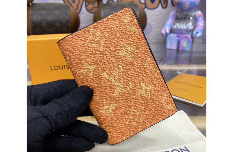 Louis Vuitton M31041 LV Pocket Organizer wallet in Orange Taiga cowhide leather and Monogram coated canvas