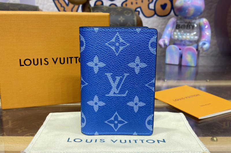 Louis Vuitton M31041 LV Pocket Organizer Wallet in Blue Taiga cowhide leather and Monogram coated canvas