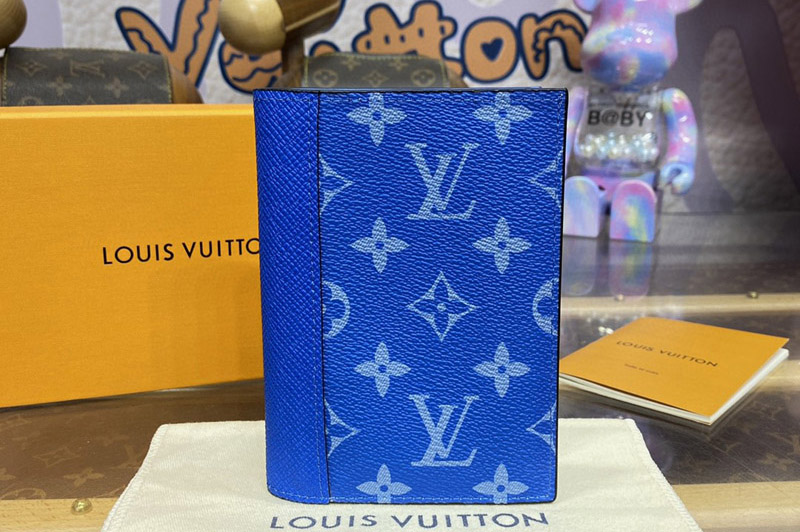 Louis Vuitton M31030 LV Passport Cover wallet in Blue Taiga cowhide leather and Monogram coated canvas