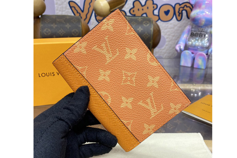 Louis Vuitton M31050 LV Passport Cover wallet in Orange Taiga cowhide leather and Monogram coated canvas