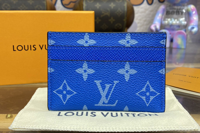 Louis Vuitton M31051 LV Porte Cartes Double card holder in Blue Taiga cowhide leather and Monogram coated canvas