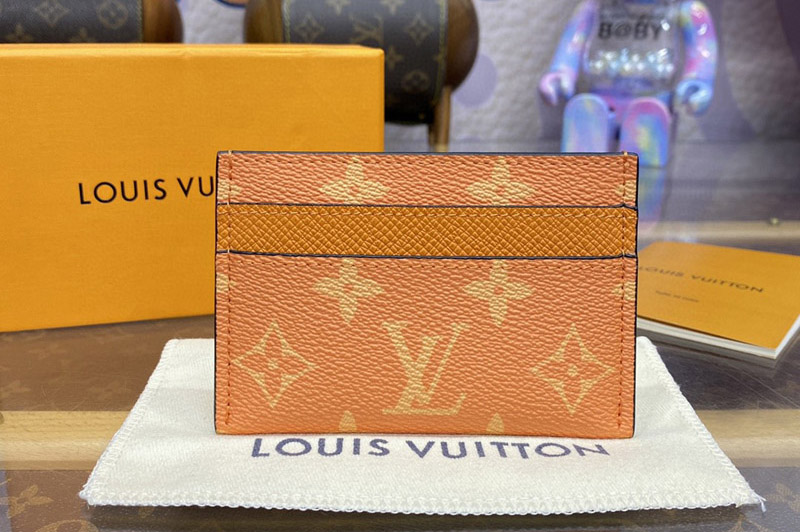 Louis Vuitton M31060 LV Porte Cartes Double card holder in Orange Taiga cowhide leather and Monogram coated canvas