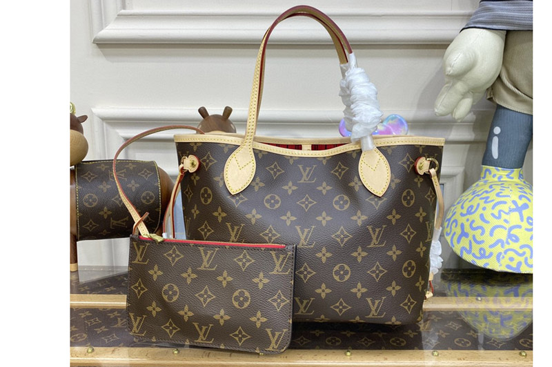 Louis Vuitton M41001 LV Neverfull PM tote Bag in Monogram Canvas With Red