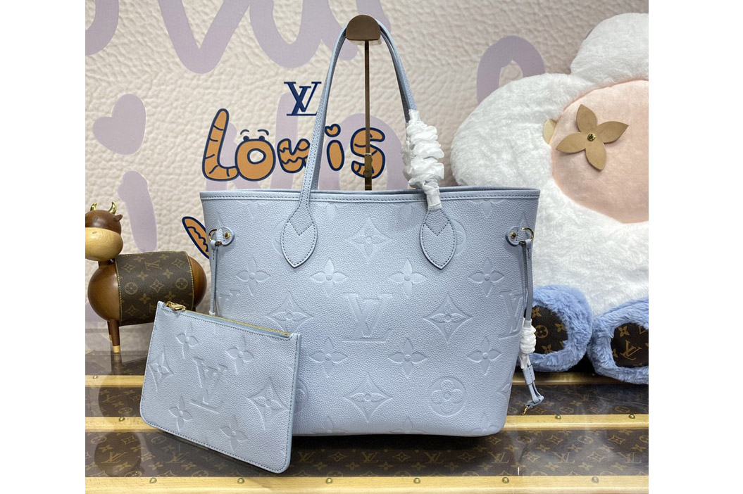 Louis Vuitton M45686 LV Neverfull MM tote Bag in Blue Monogram Empreinte leather