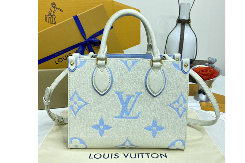 Louis Vuitton M46833 LVOnTheGo PM handbag in Latte/Candy Blue Embossed grained cowhide leather