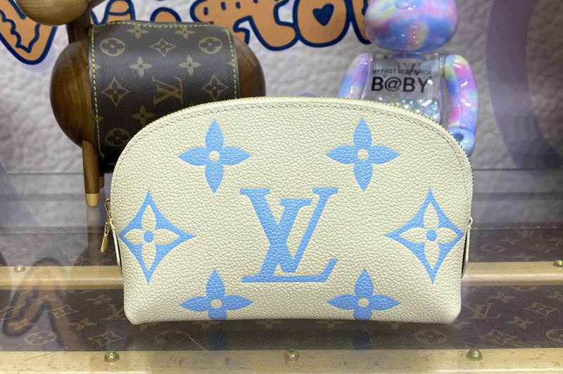 Louis Vuitton M45951 LV Cosmetic Pouch PM in White/Blue Monogram Empreinte cowhide leather