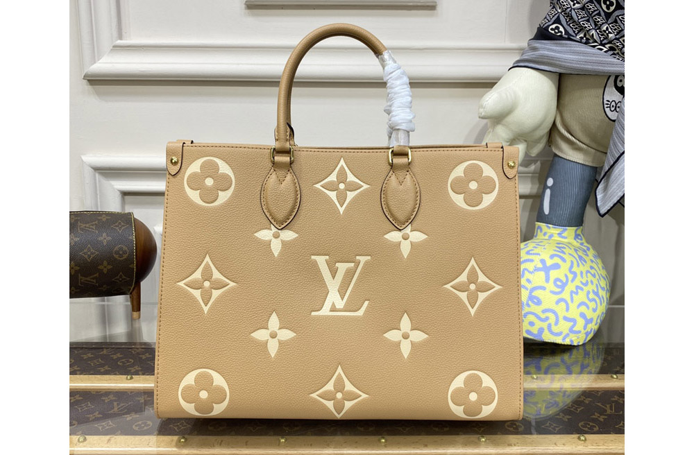 Louis Vuitton M45982 LV OnTheGo MM tote bag in Beige/Cream Monogram Empreinte Leather
