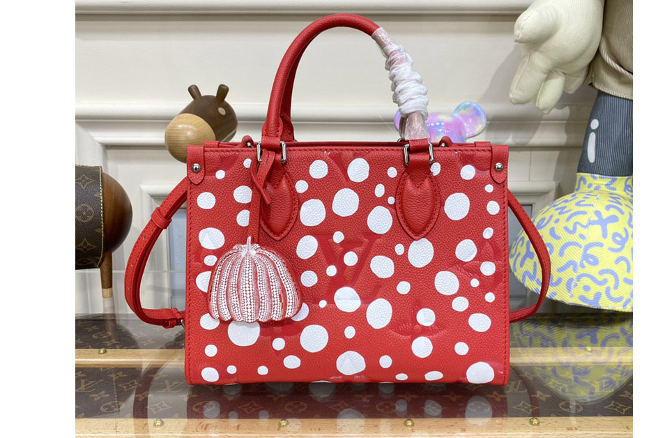 Louis Vuitton M46412 LV LVxYK OnTheGo PM Bag in Red and white Monogram Empreinte Leather with Infinity Dots print