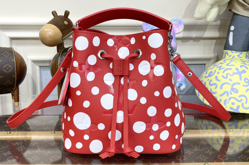 Louis Vuitton M46413 LV LVxYK Neonoe Bucket Bag in Red and white Monogram Empreinte Leather with Infinity Dots print
