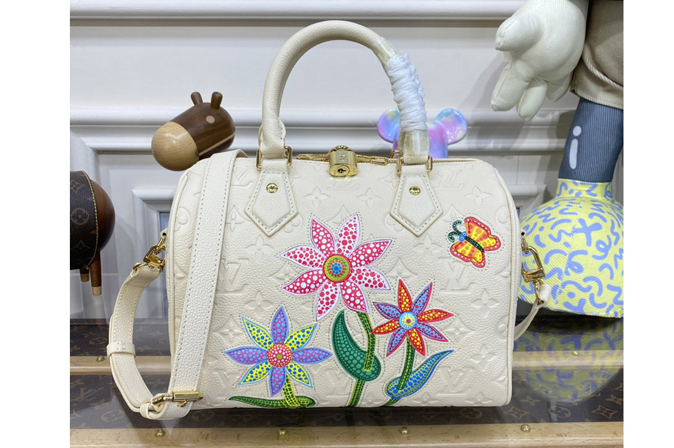 Louis Vuitton M46415 LVxYK Speedy Bandoulière 25 bag in White Embossed grained Monogram Empreinte cowhide leather with Flower ma