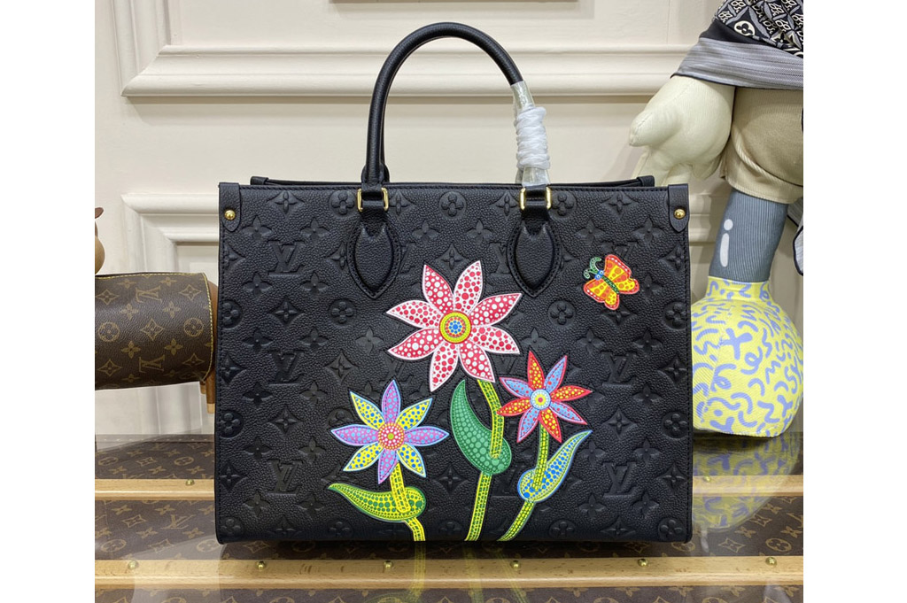 Louis Vuitton M46416 LV LVxYK OnTheGo MM Bag in Black Monogram Empreinte Leather with Flower marquetry