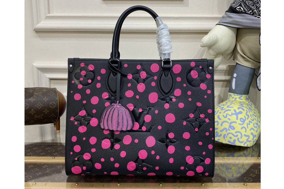 Louis Vuitton M46418 LV LVxYK OnTheGo MM Bag in Black and Fuchsia Monogram Empreinte Leather with Infinity Dots print