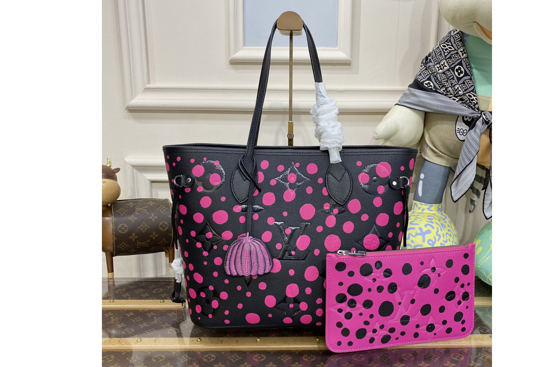 Louis Vuitton M46418 LV LVxYK Neverfull MM Bag in Black and Fuchsia Monogram Empreinte Leather with Infinity Dots print