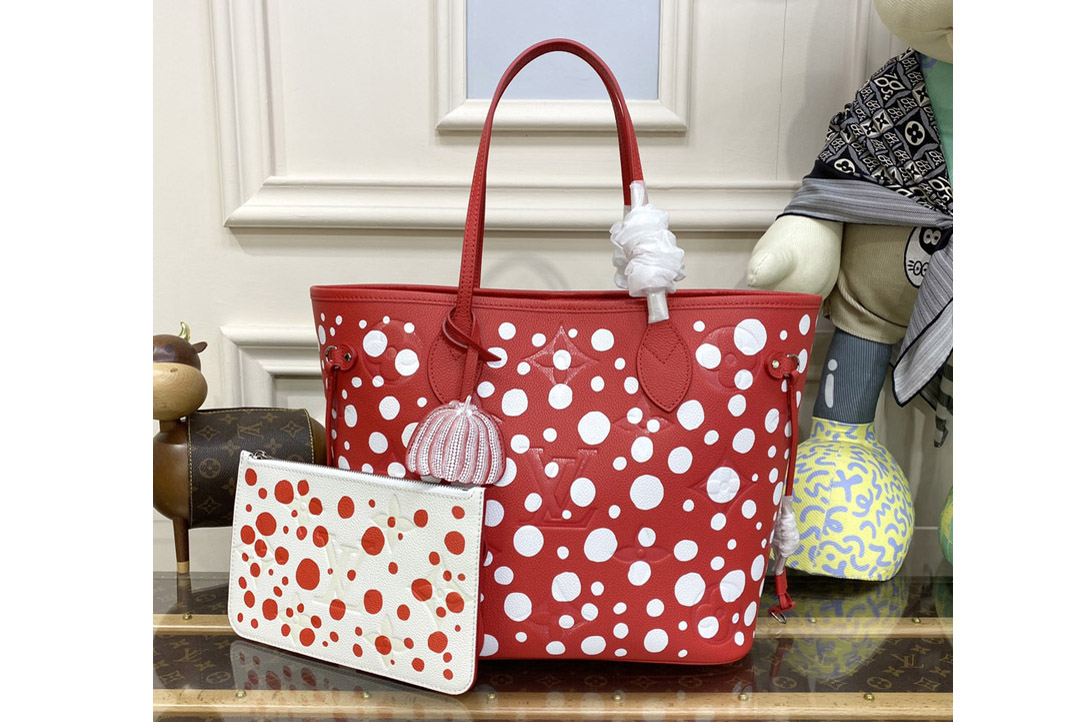Louis Vuitton M46422 LV LVxYK Neverfull MM Bag in Red and white Monogram Empreinte Leather with Infinity Dots print