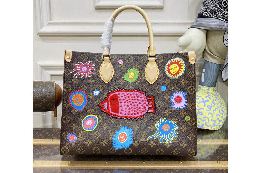Louis Vuitton M46429 LV LVxYK OnTheGo MM Bag in Monogram coated canvas with Faces print and embroidery