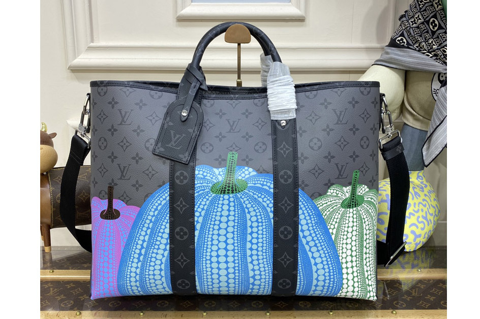 Louis Vuitton M46434 LV LVxYK Weekend Tote Bag in Monogram Eclipse Reverse coated canvas with colorful Pumpkin print