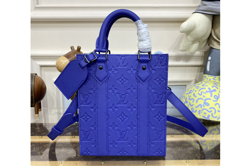 Louis Vuitton M46453 LV Sac Plat Mini Bag in Blue Embossed Taurillon Monogram cowhide leather