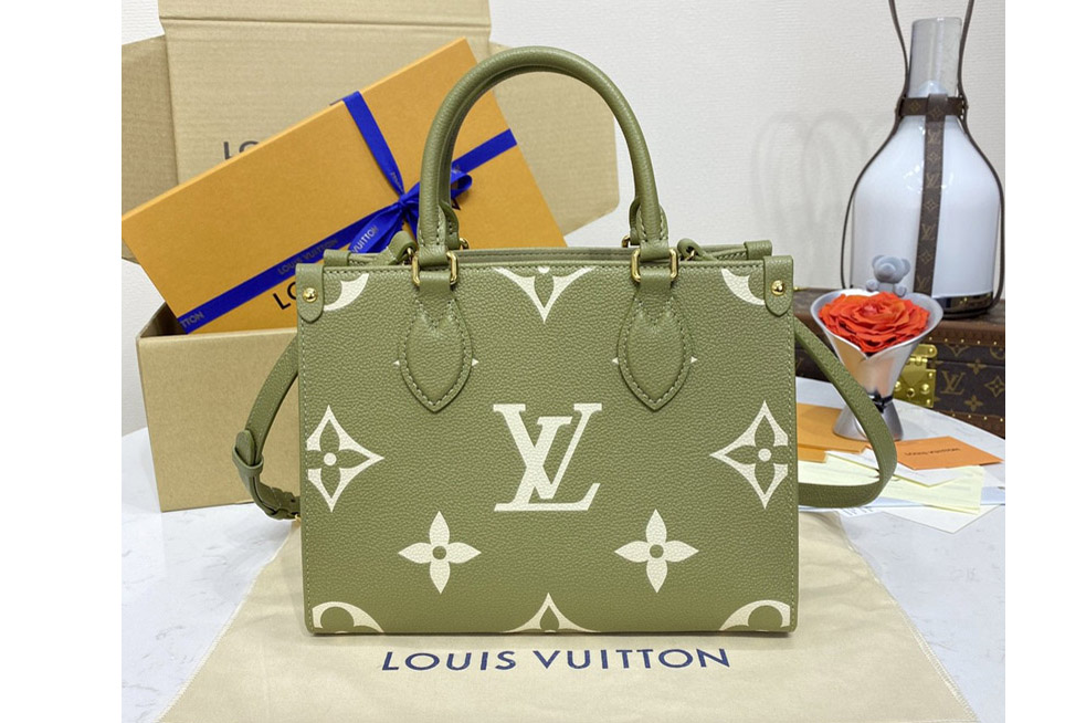 Louis Vuitton M46647 LV OnTheGo PM Bag in Light Khaki/Cream Monogram Empreinte embossed grained cowhide leather