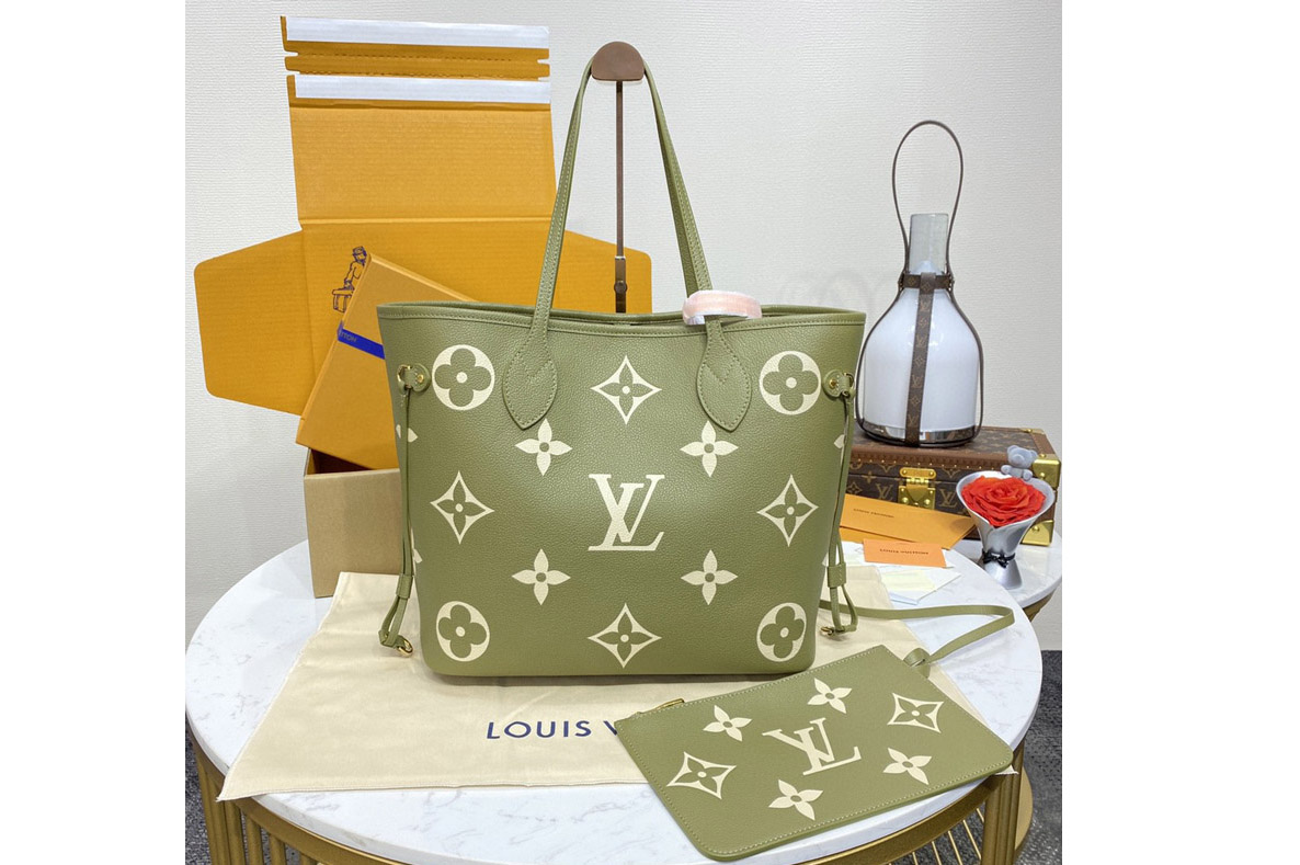 Louis Vuitton M46649 LV Neverfull MM tote Bag in Light Khaki/Cream Monogram Empreinte leather