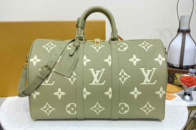 Louis Vuitton M46671 LV Keepall Bandoulière 45 Bag in Kaki Fango / Cream Monogram Empreinte embossed leather